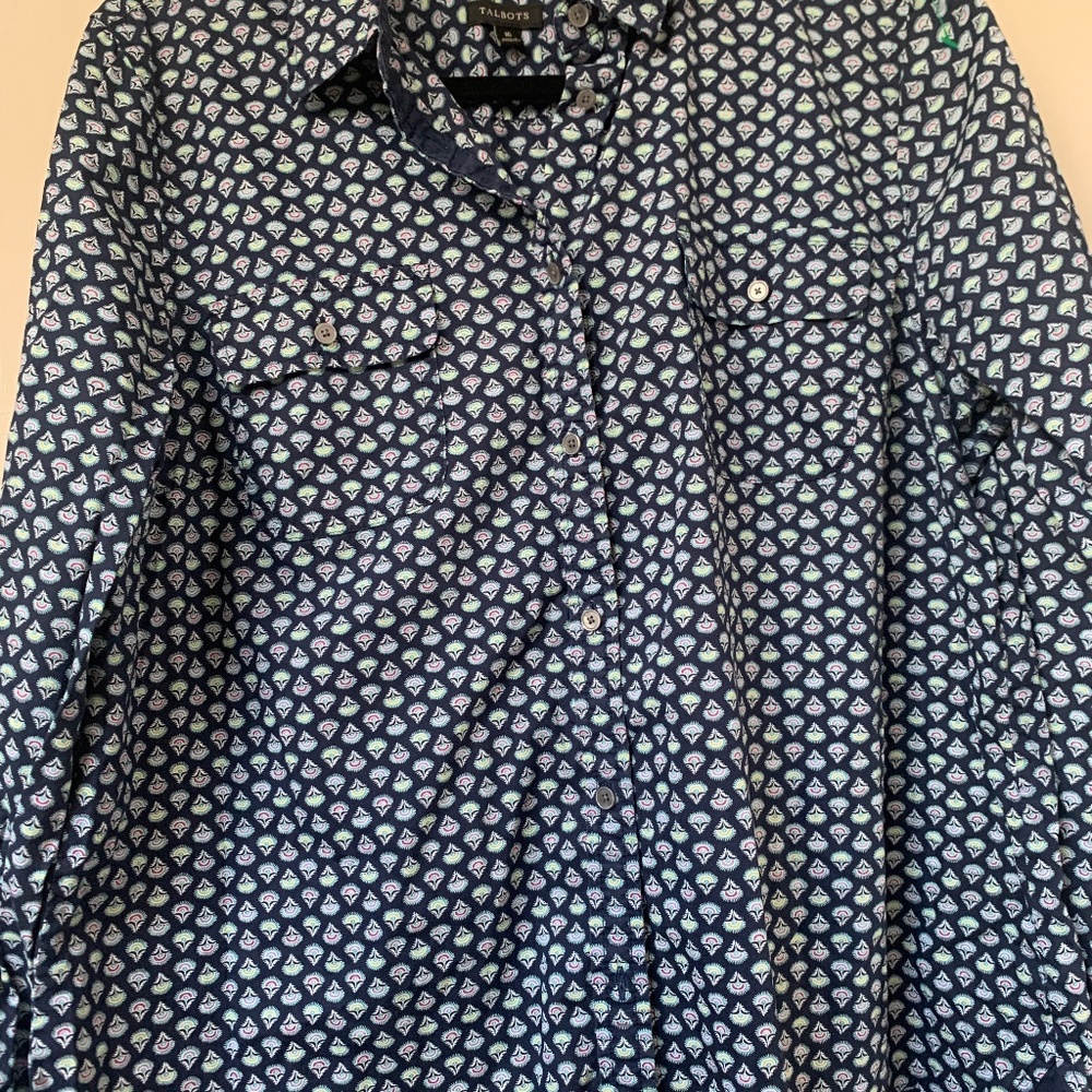 Talbots Navy Multicolored Floral Long Sleeve 💯 Cotton Button Down Shirt